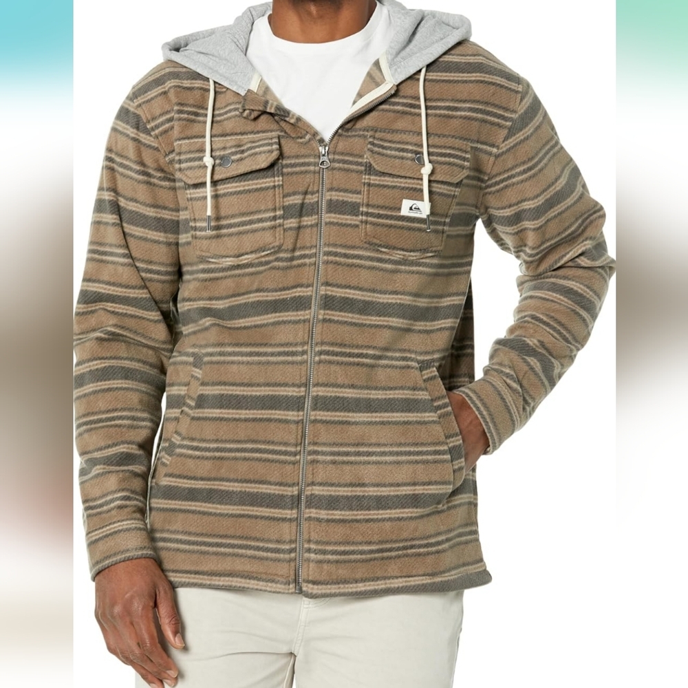 LIKE‎ NEW Mens Quiksilver Brown and Gray Striped Fleece Hoodie